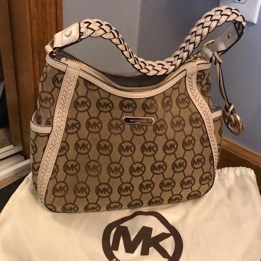 Beige and White Michael Kors MK handbag